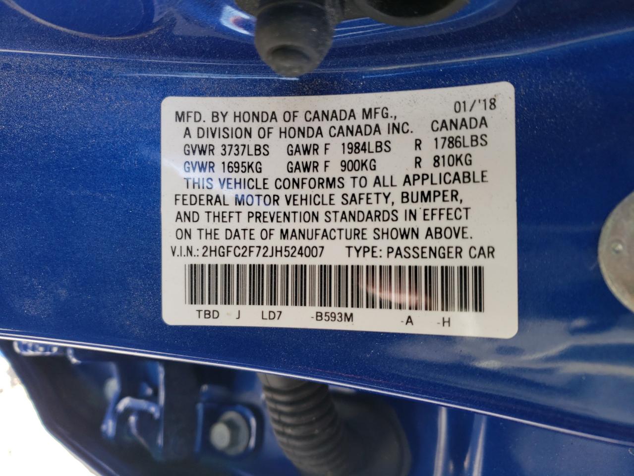 2HGFC2F72JH524007 2018 Honda Civic Ex