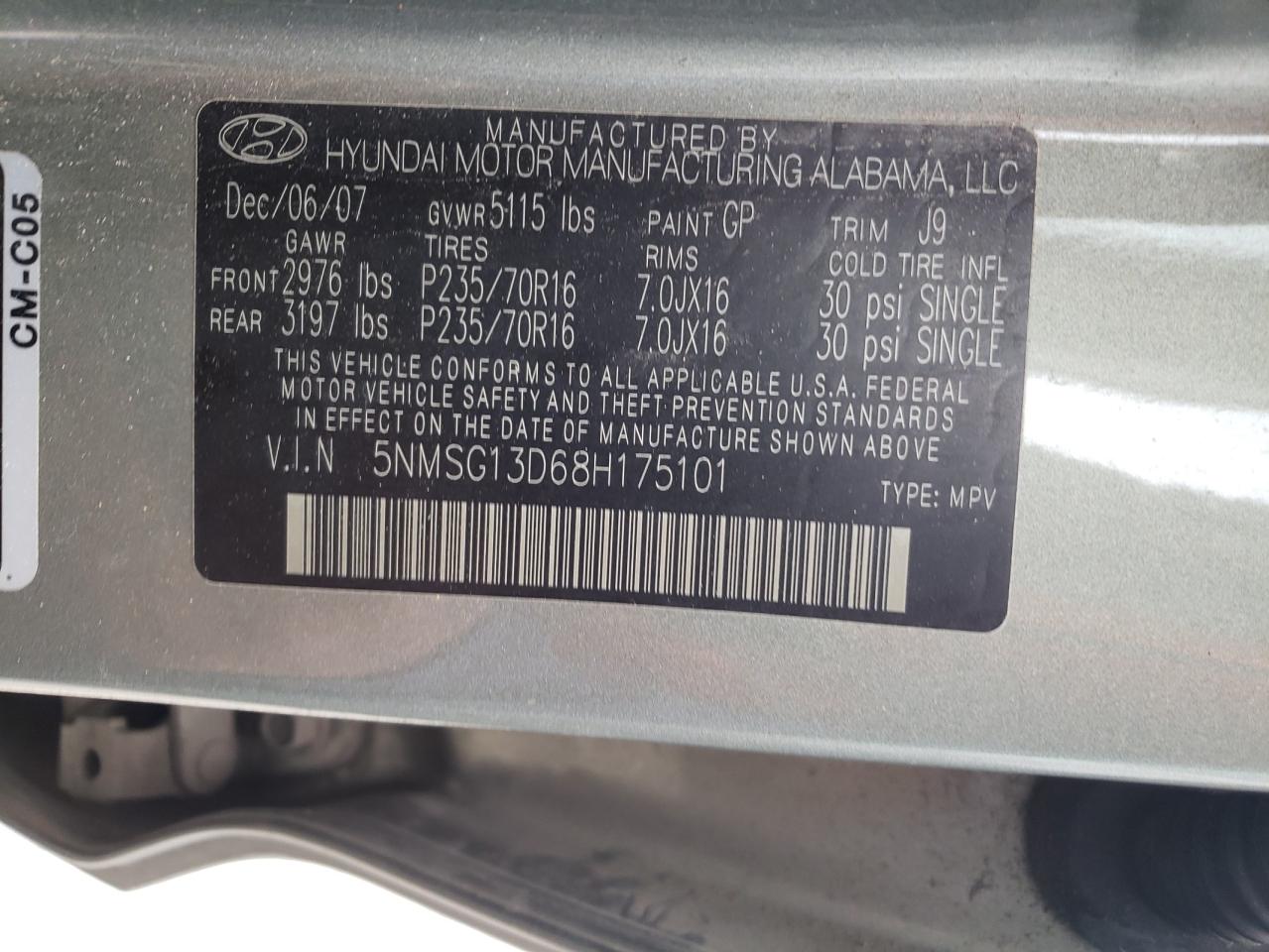 5NMSG13D68H175101 2008 Hyundai Santa Fe Gls