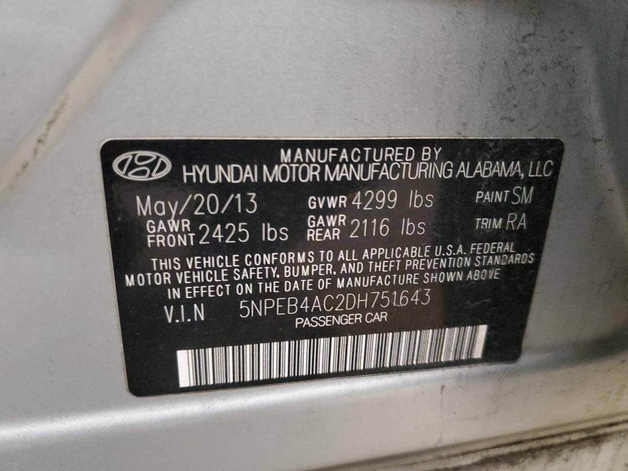 5NPEB4AC2DH751643 2013 Hyundai Sonata Gls