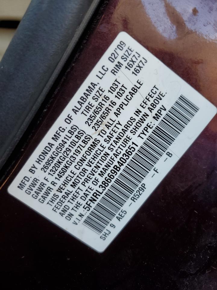 5FNRL38669B403651 2009 Honda Odyssey Exl