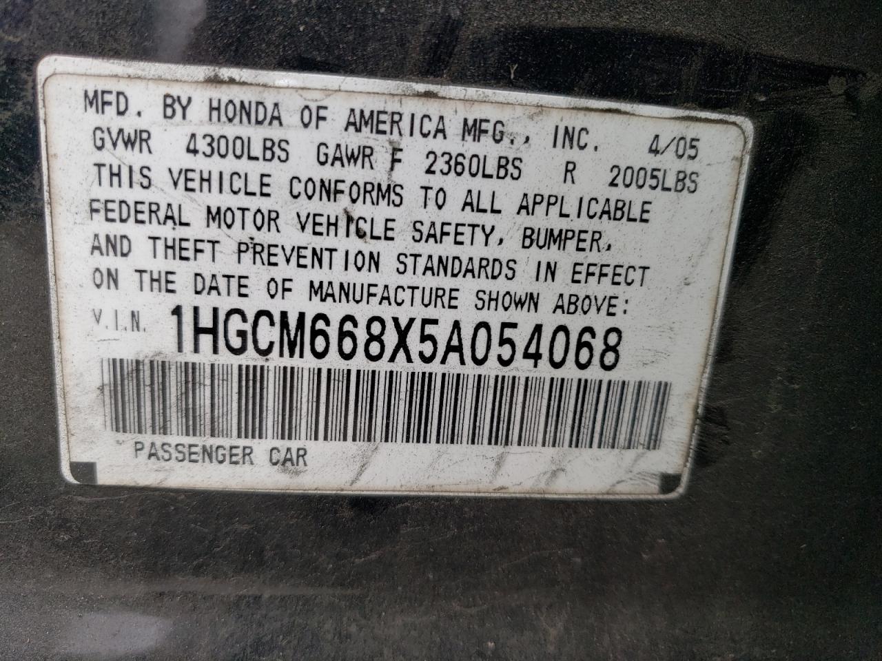 1HGCM668X5A054068 2005 Honda Accord Ex
