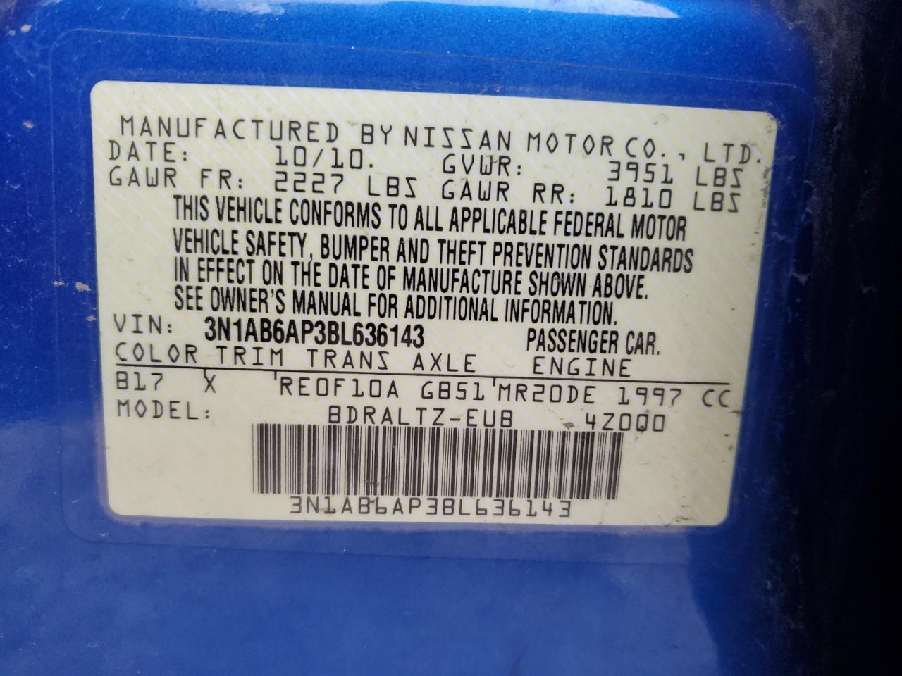 3N1AB6AP3BL636143 2011 Nissan Sentra 2.0