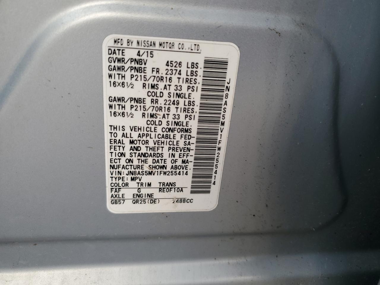 JN8AS5MV1FW255414 2015 Nissan Rogue Select S