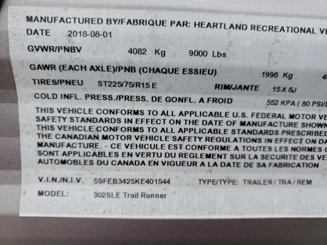 2019 Heart Land Trail Runn VIN: 5SFEB3425KE401544 Lot: 45988164