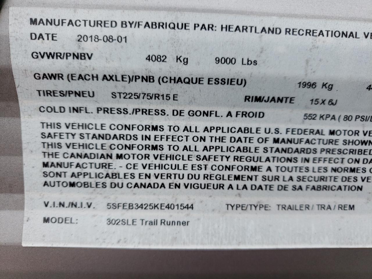 5SFEB3425KE401544 2019 Heart Land Trail Runn