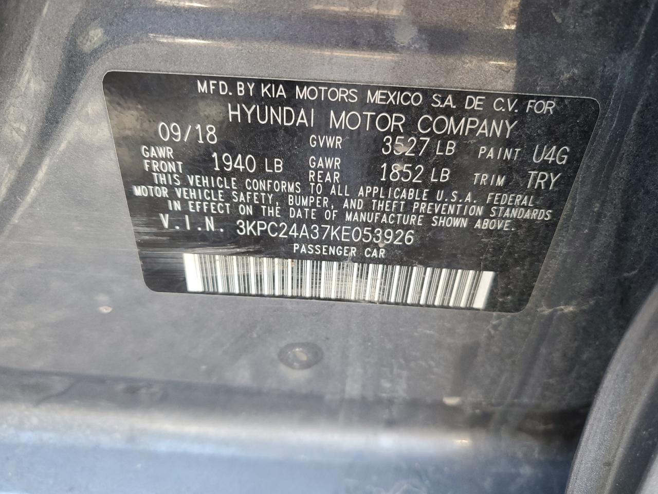 3KPC24A37KE053926 2019 Hyundai Accent Se