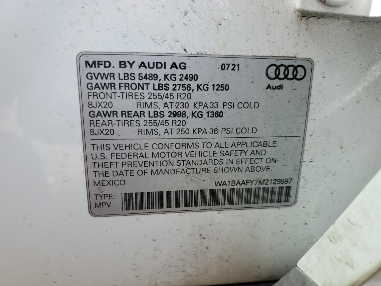 WA1BAAFY7M2129897 2021 Audi Q5 Premium Plus