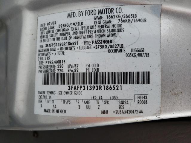 2003 Ford Focus Zx3 VIN: 3FAFP31393R186521 Lot: 48739284