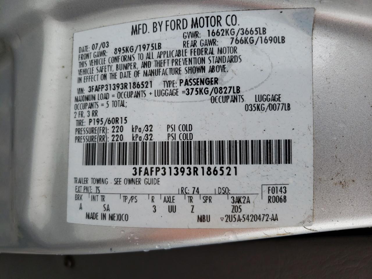 3FAFP31393R186521 2003 Ford Focus Zx3