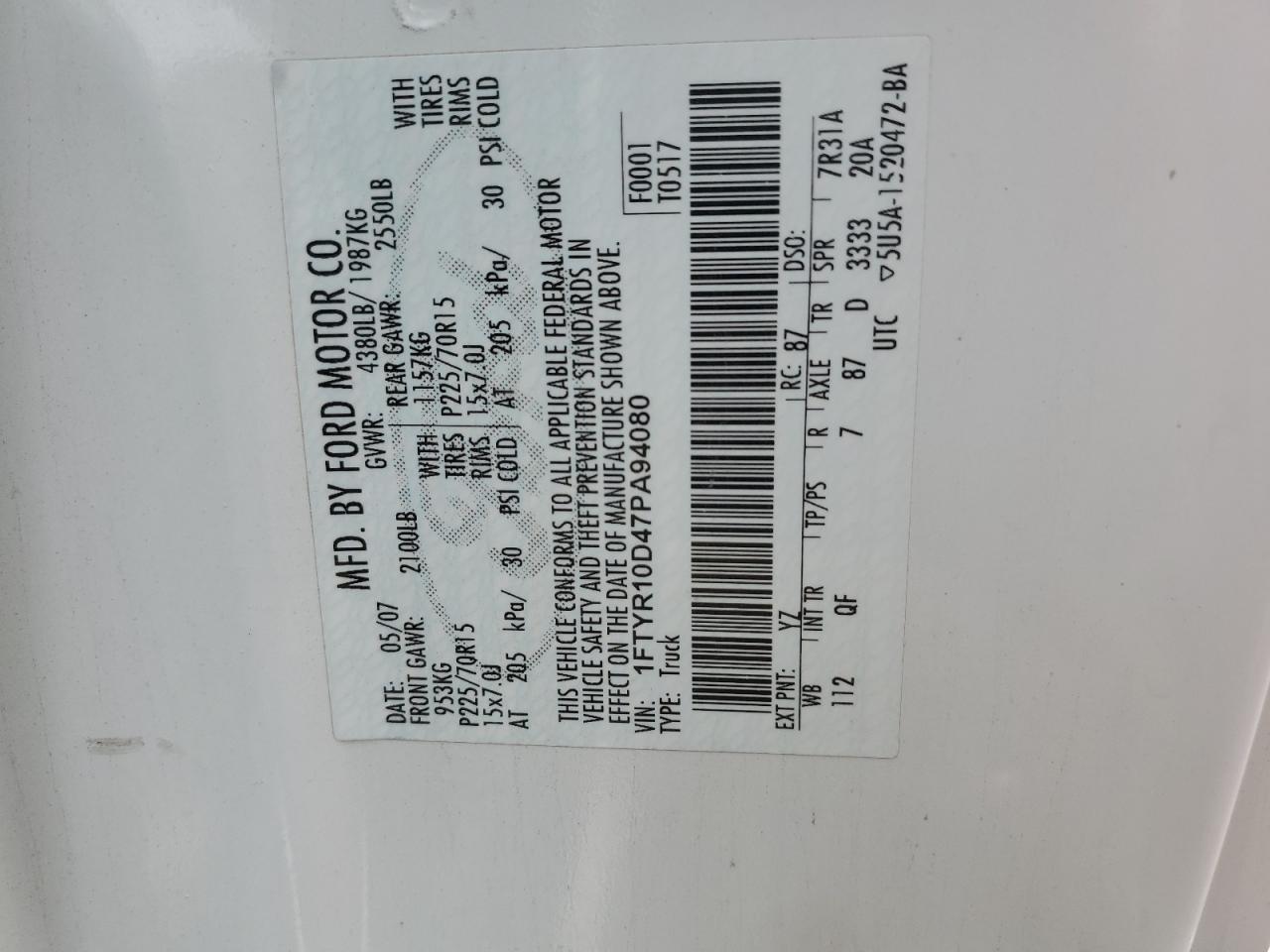 1FTYR10D47PA94080 2007 Ford Ranger