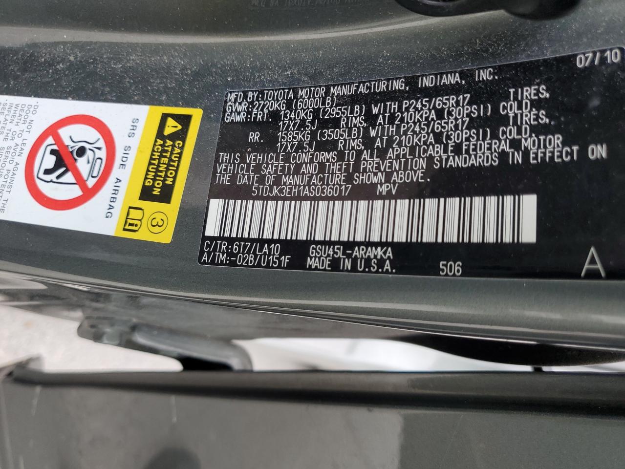 5TDJK3EH1AS036017 2010 Toyota Highlander Se