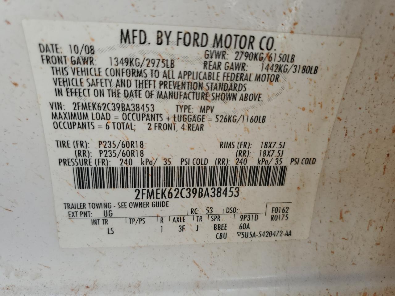 2FMEK62C39BA38453 2009 Ford Flex Sel