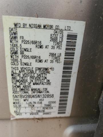 2005 Nissan Quest S VIN: 5N1BV28U45N132858 Lot: 44838334