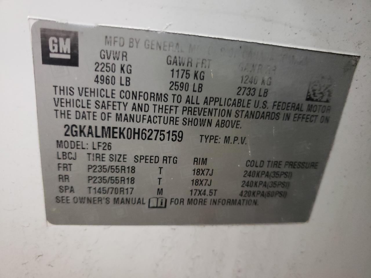 2GKALMEK0H6275159 2017 GMC Terrain Sle