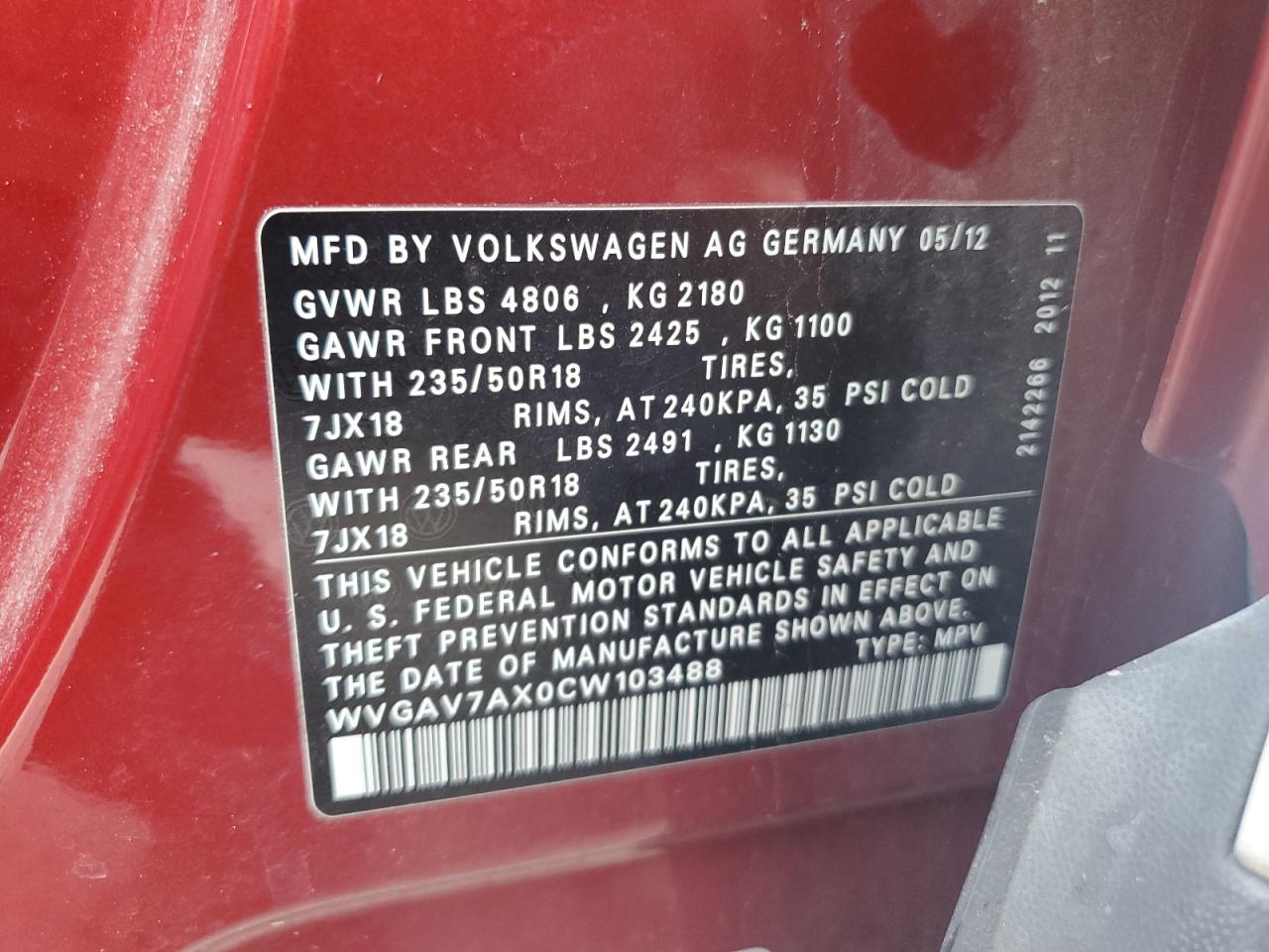 WVGAV7AX0CW103488 2012 Volkswagen Tiguan S