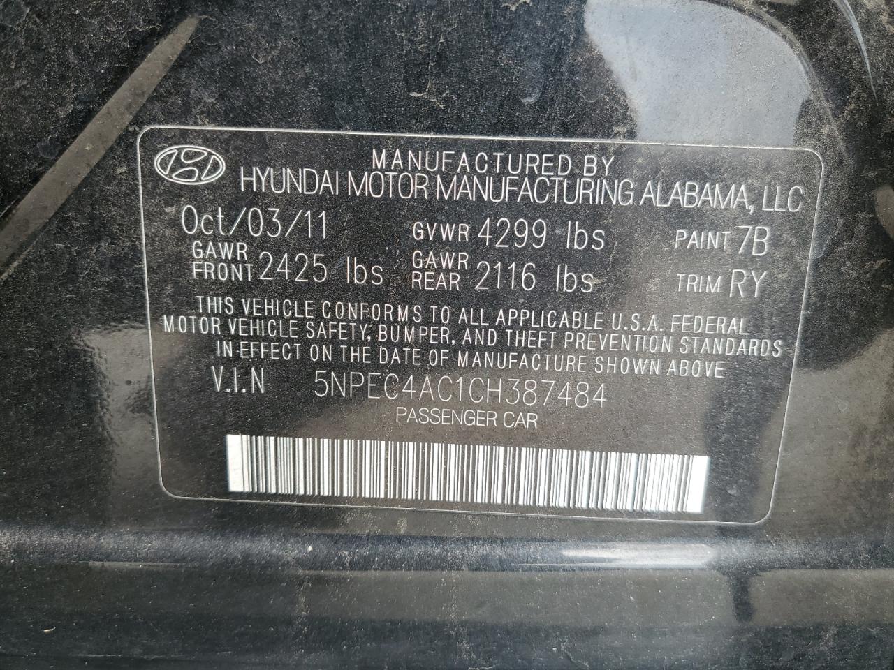 5NPEC4AC1CH387484 2012 Hyundai Sonata Se