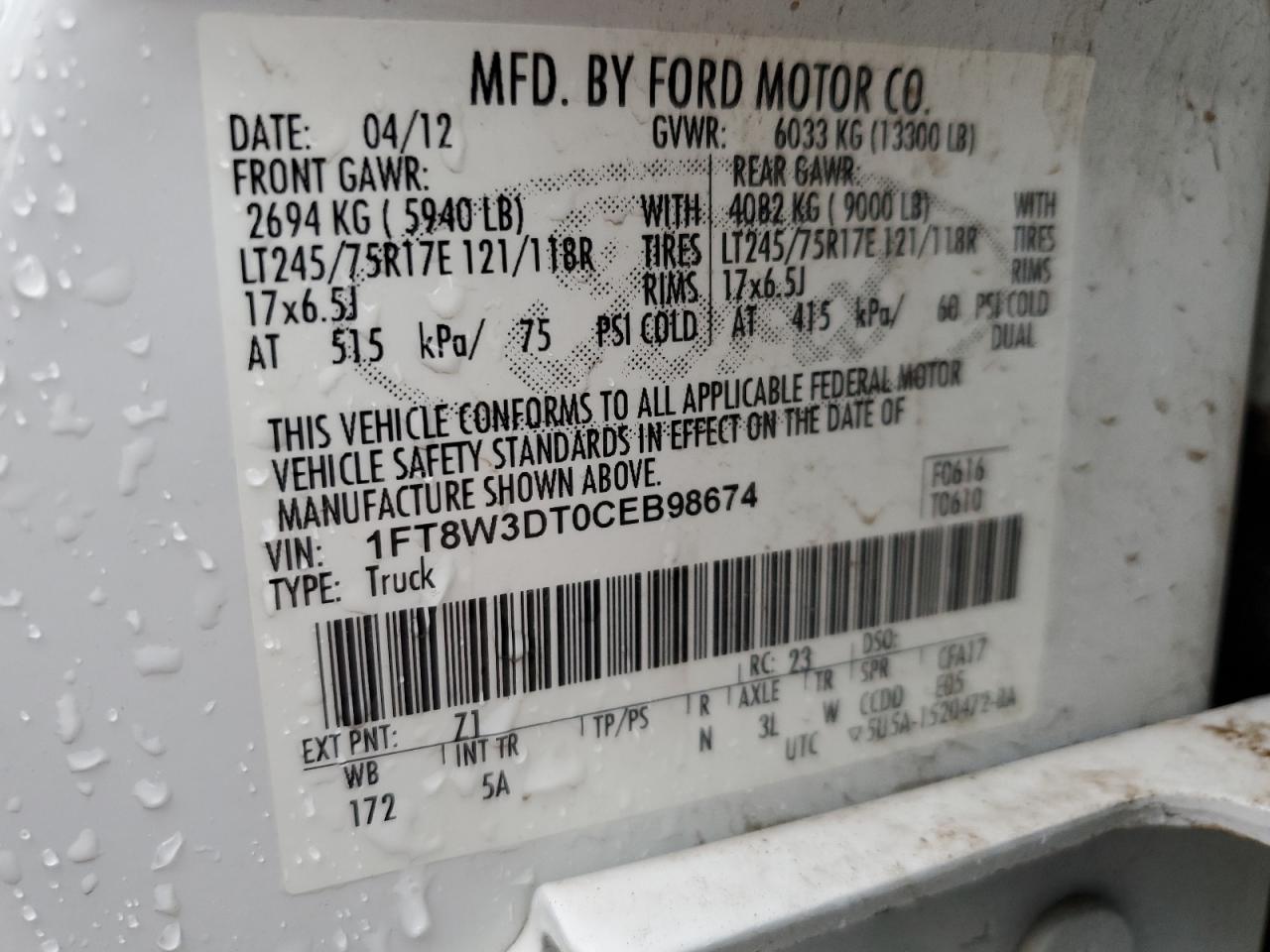 1FT8W3DT0CEB98674 2012 Ford F350 Super Duty