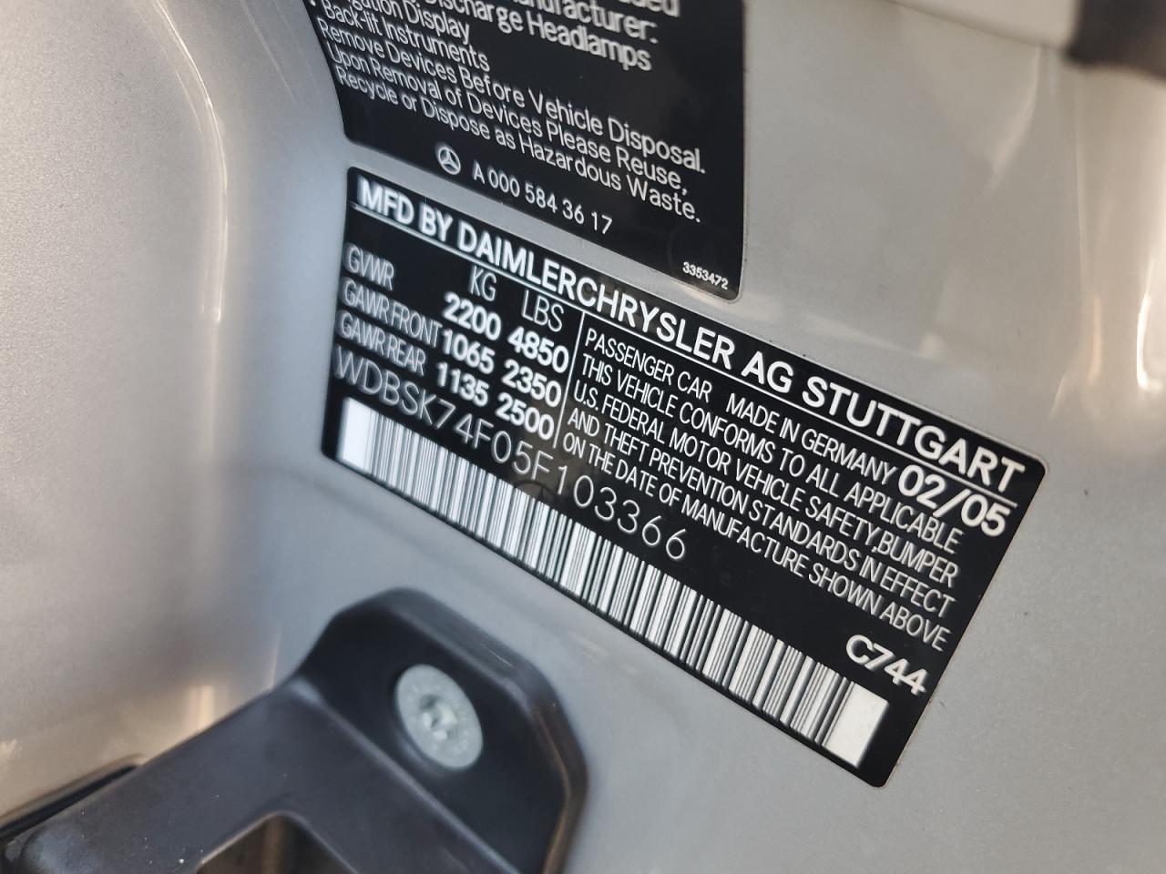 WDBSK74F05F103366 2005 Mercedes-Benz Sl 55 Amg