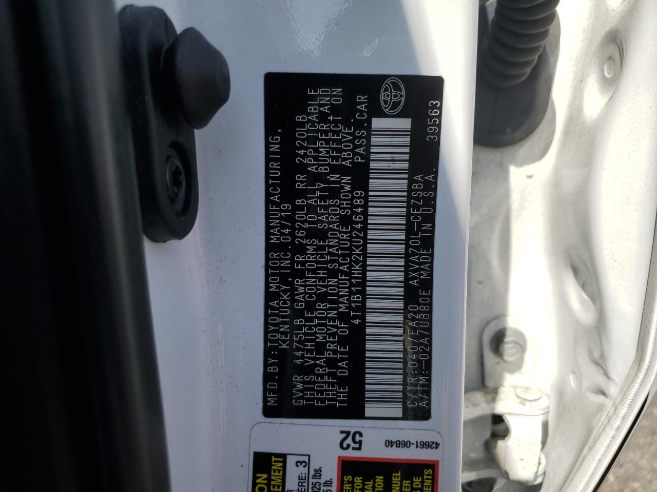 4T1B11HK2KU246489 2019 Toyota Camry L