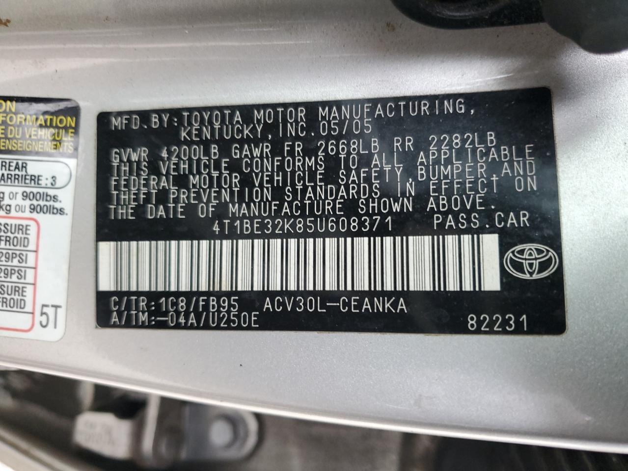 4T1BE32K85U608371 2005 Toyota Camry Le