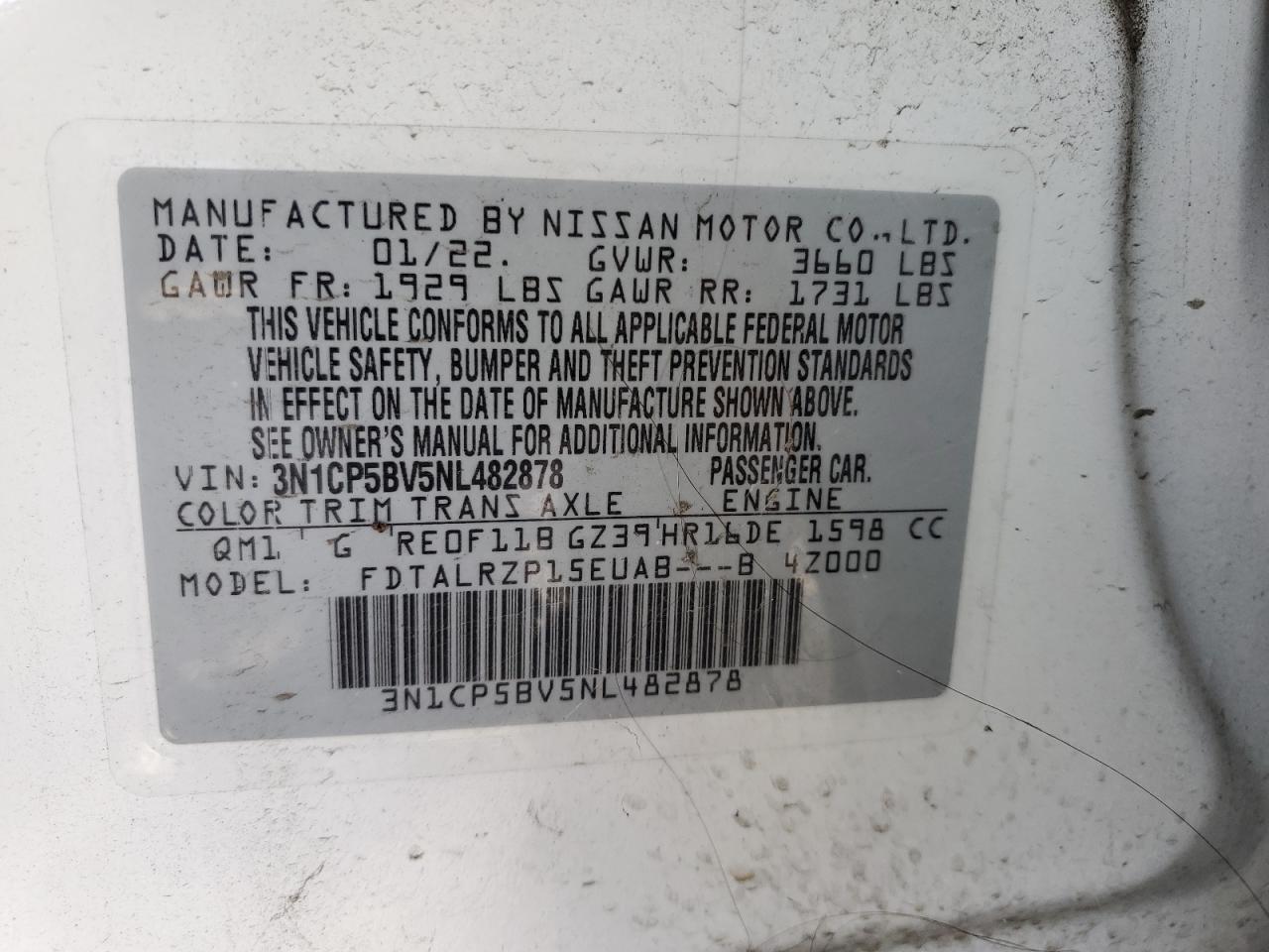 3N1CP5BV5NL482878 2022 Nissan Kicks S