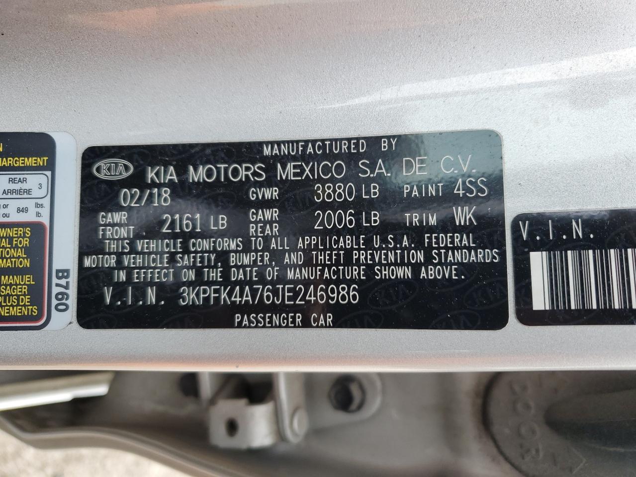 3KPFK4A76JE246986 2018 Kia Forte Lx