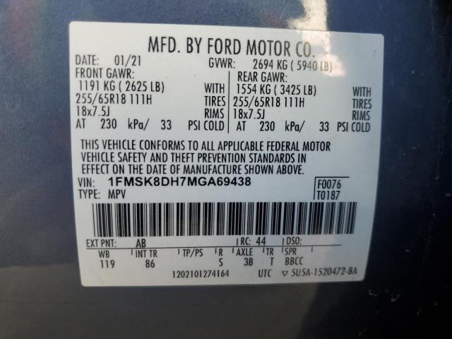 2021 Ford Explorer Xlt VIN: 1FMSK8DH7MGA69438 Lot: 48296934