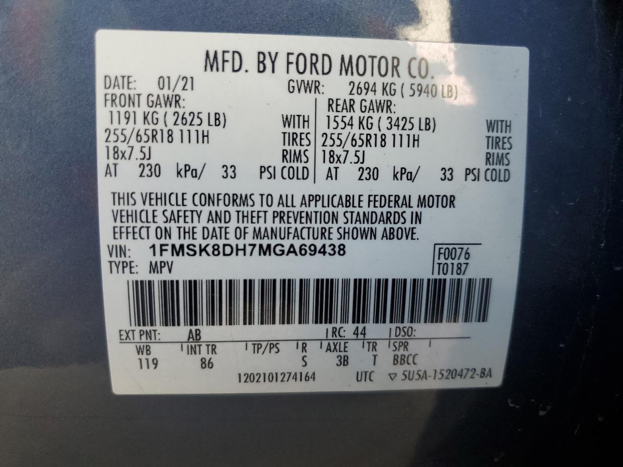 1FMSK8DH7MGA69438 2021 Ford Explorer Xlt