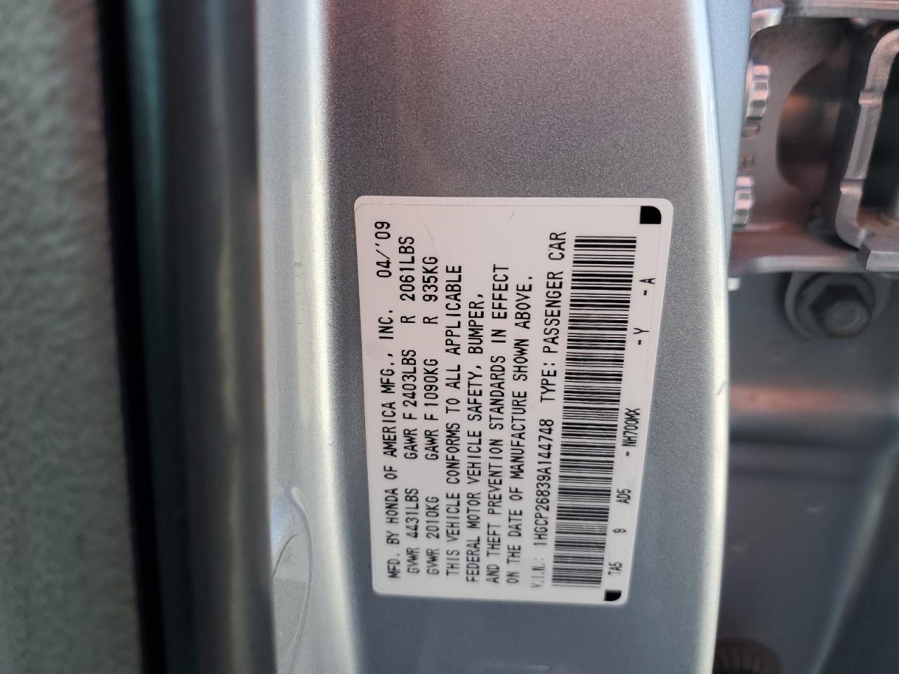 1HGCP26839A144748 2009 Honda Accord Exl