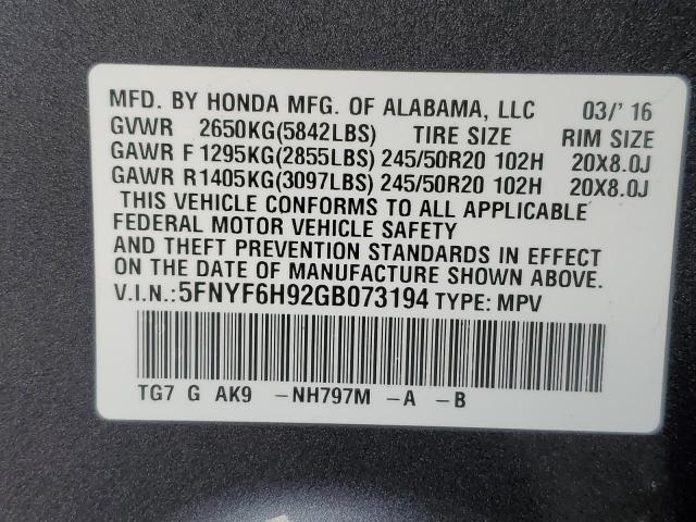 2016 Honda Pilot Touring VIN: 5FNYF6H92GB073194 Lot: 46175234