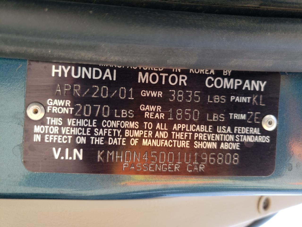 kmhdn45d01u196808 KMHDN45D01U196808 2001 Hyundai Elantra Gls