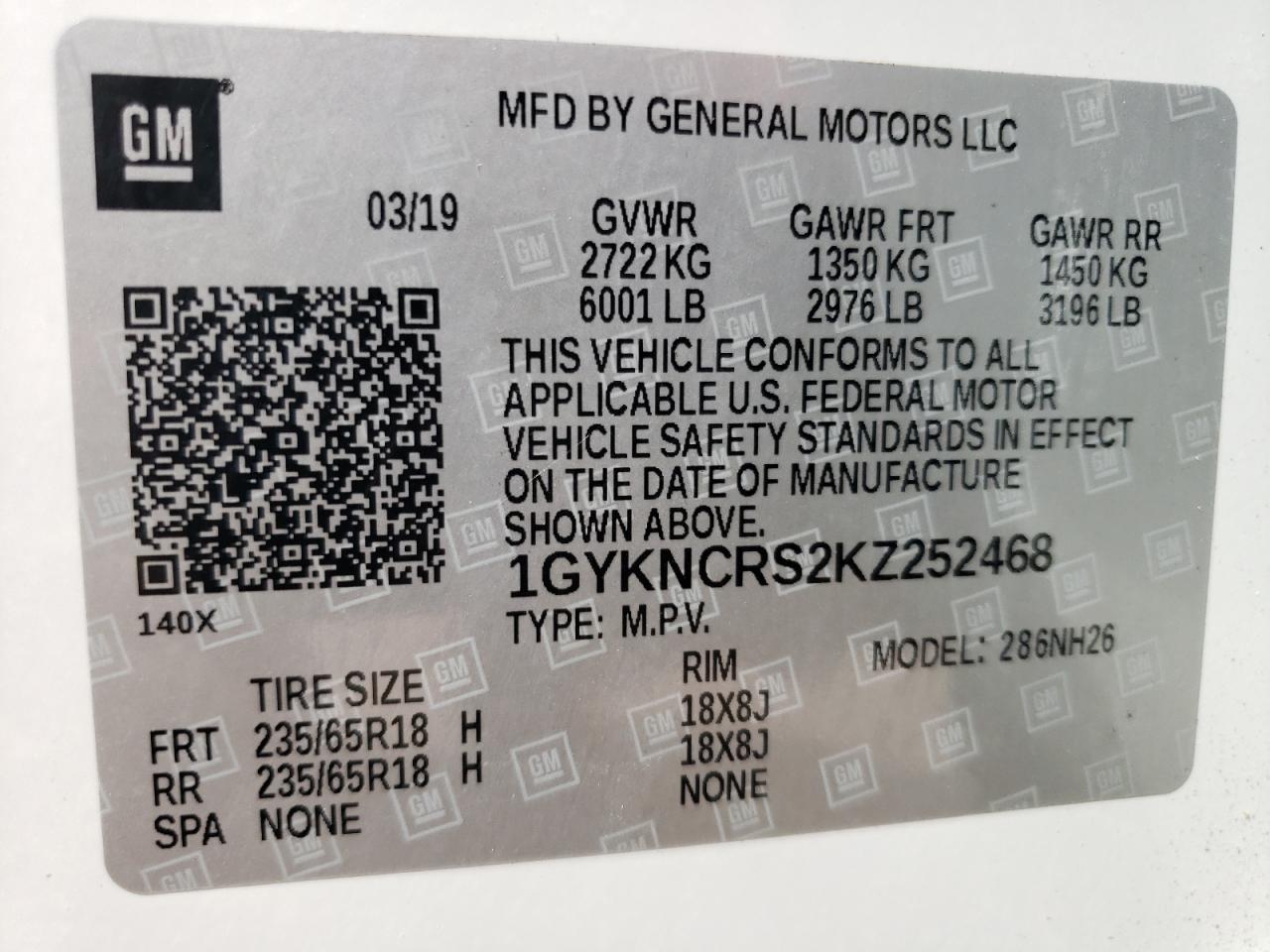 1gykncrs2kz252468 1GYKNCRS2KZ252468 2019 Cadillac Xt5 Luxury