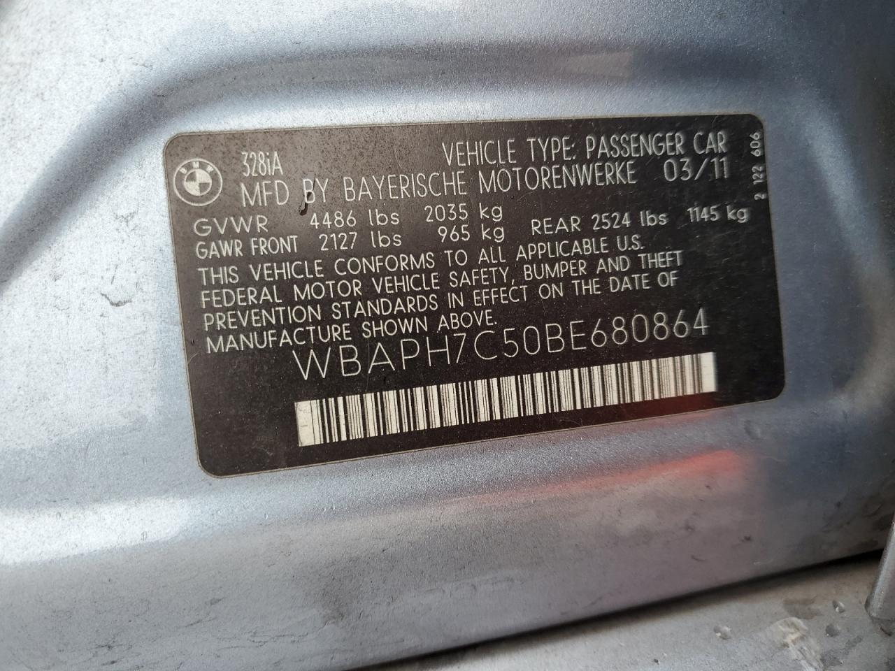 WBAPH7C50BE680864 2011 BMW 328 I