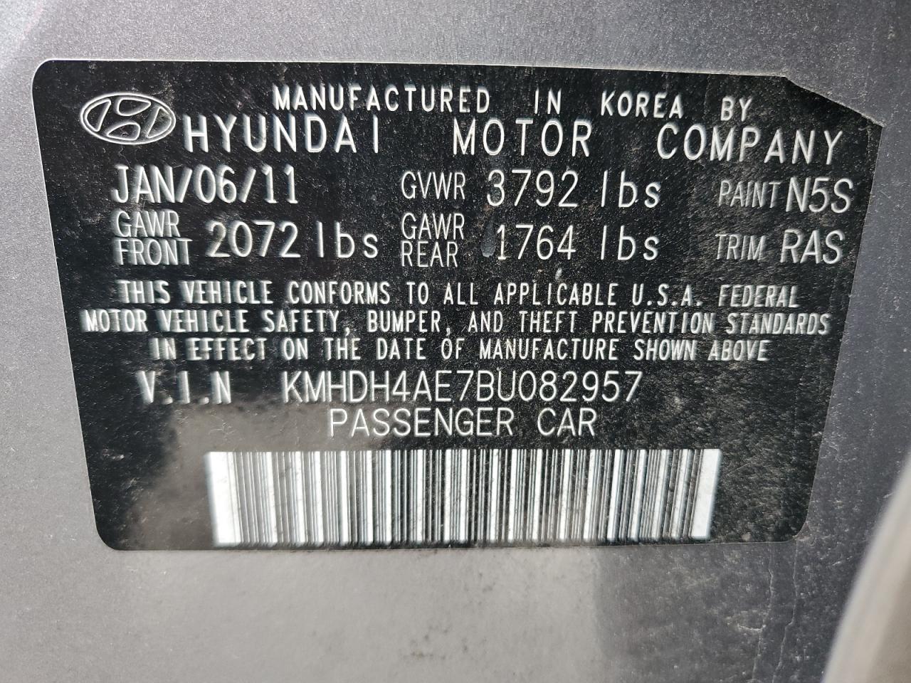 KMHDH4AE7BU082957 2011 Hyundai Elantra Gls