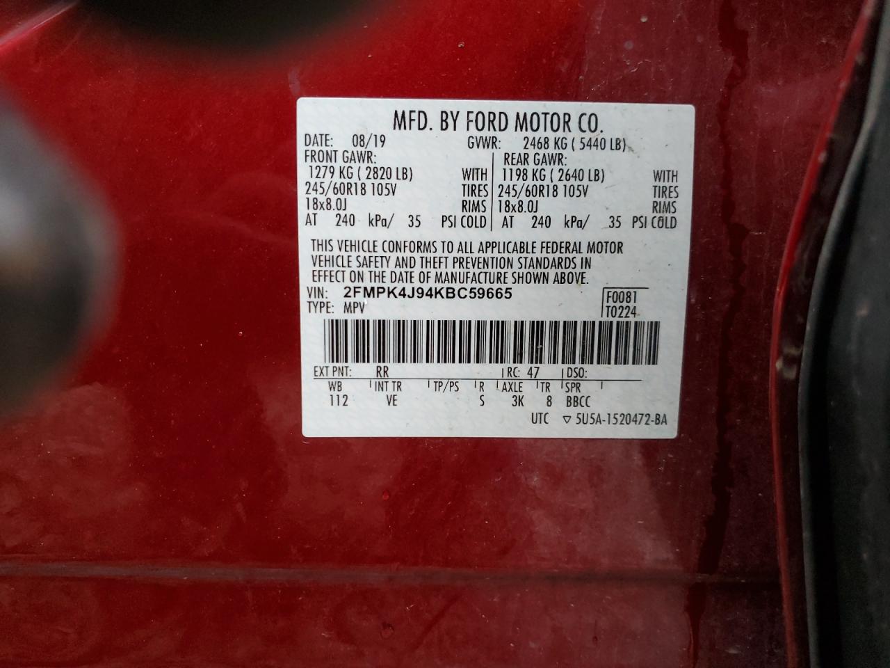 2019 Ford Edge Sel vin: 2FMPK4J94KBC59665