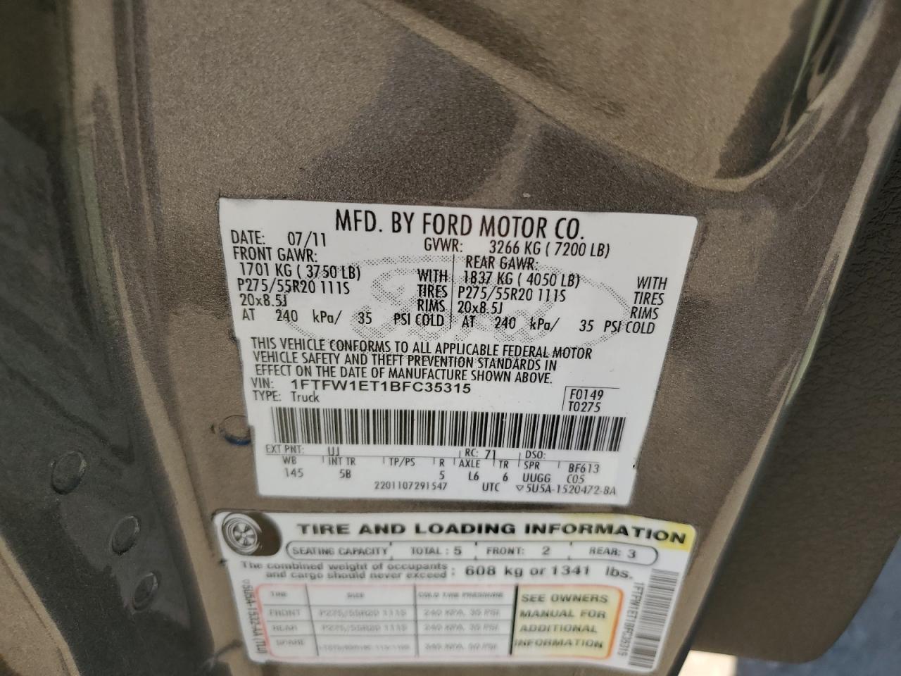 1FTFW1ET1BFC35315 2011 Ford F150 Supercrew