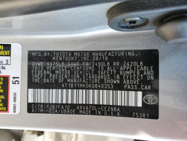 VIN 4T1B11HK0KU840353 2019 Toyota Camry, L no.12