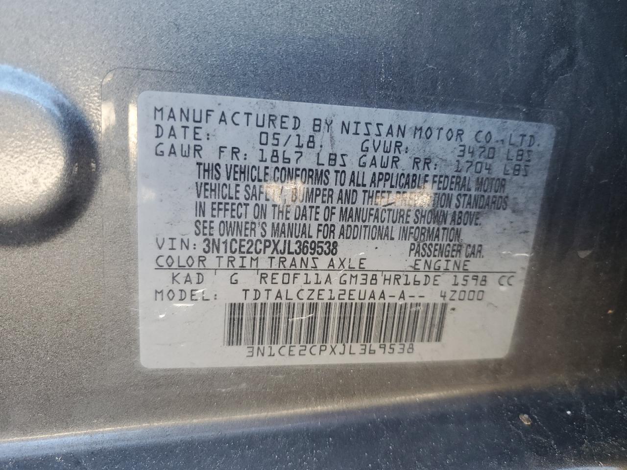 3N1CE2CPXJL369538 2018 Nissan Versa Note S