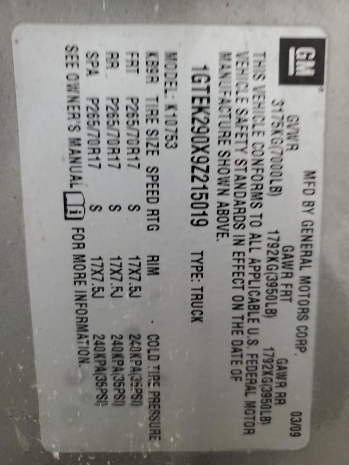 1GTEK290X9Z215019 2009 GMC Sierra K1500 Sle