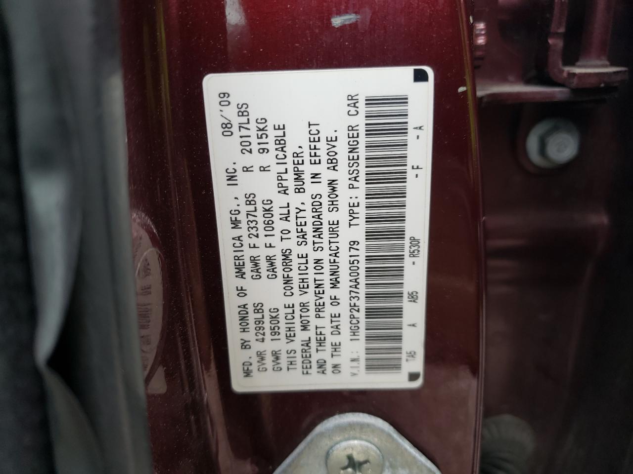 1HGCP2F37AA005179 2010 Honda Accord Lx