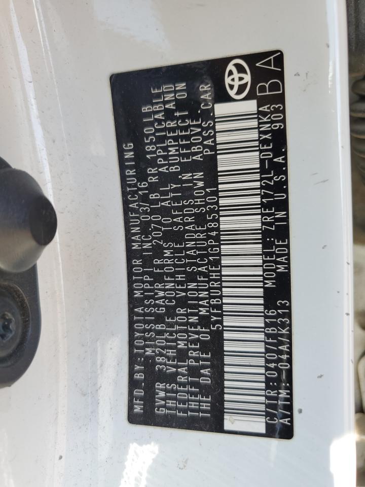 5YFBURHE1GP485301 2016 Toyota Corolla L