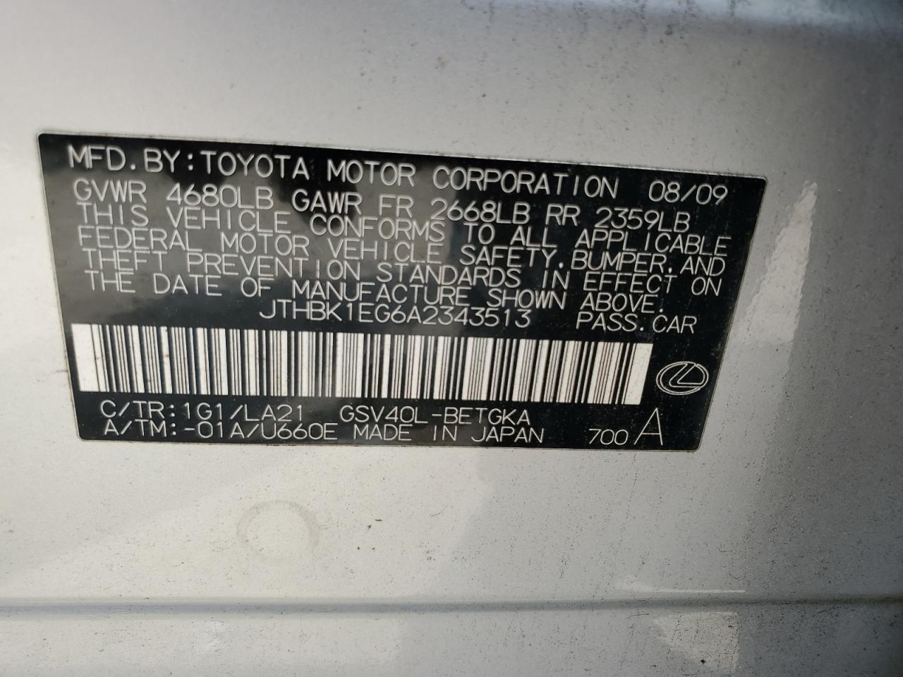 JTHBK1EG6A2343513 2010 Lexus Es 350