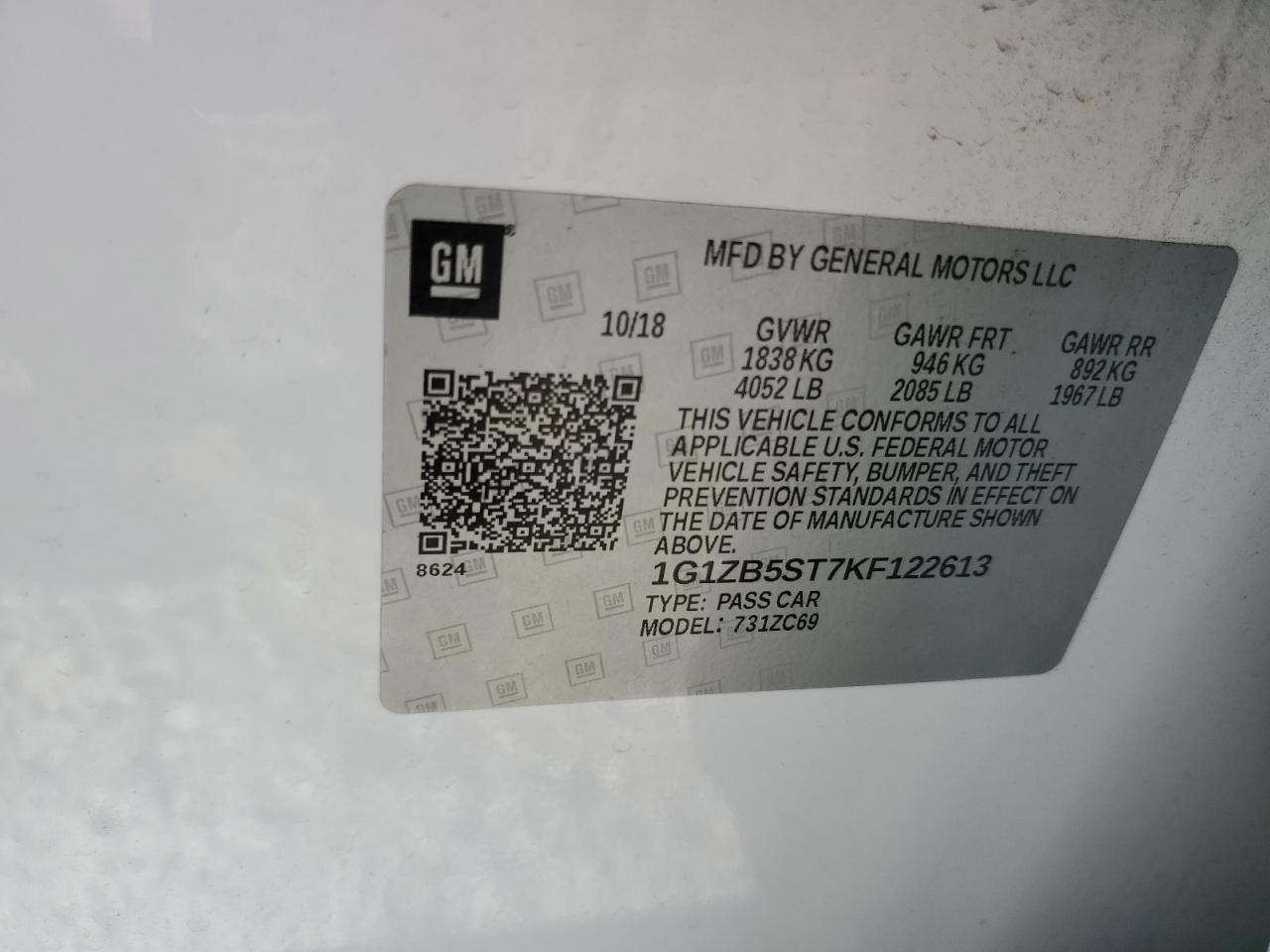 2019 Chevrolet Malibu Ls 1.5L(VIN: 1G1ZB5ST7KF122613