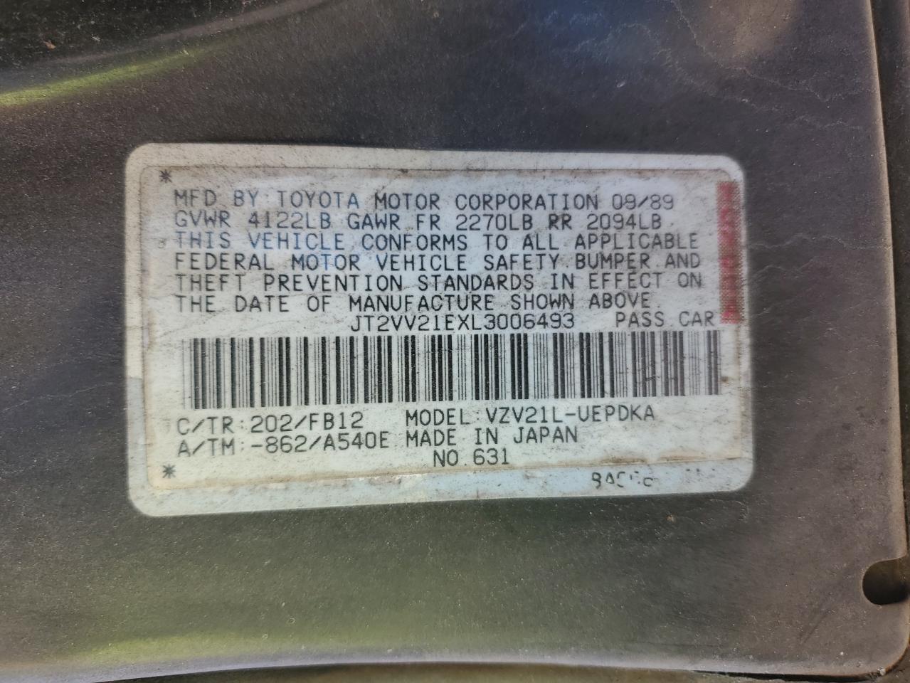 JT2VV21EXL3006493 1990 Toyota Camry Dlx