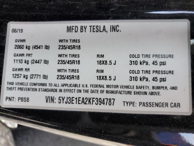 2019 Tesla Model 3 VIN: 5YJ3E1EA2KF394787 Lot: 45538414