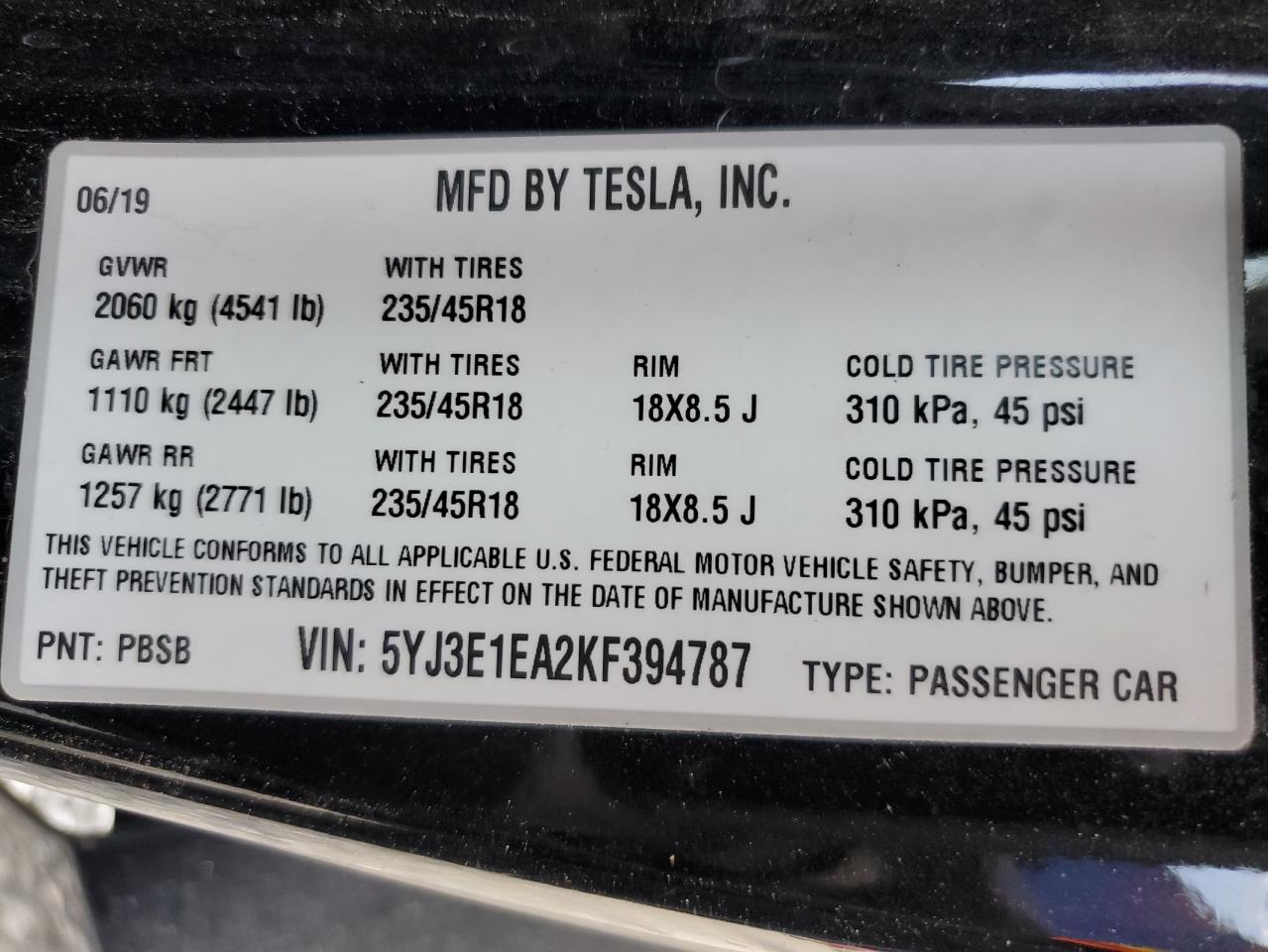 5YJ3E1EA2KF394787 2019 Tesla Model 3