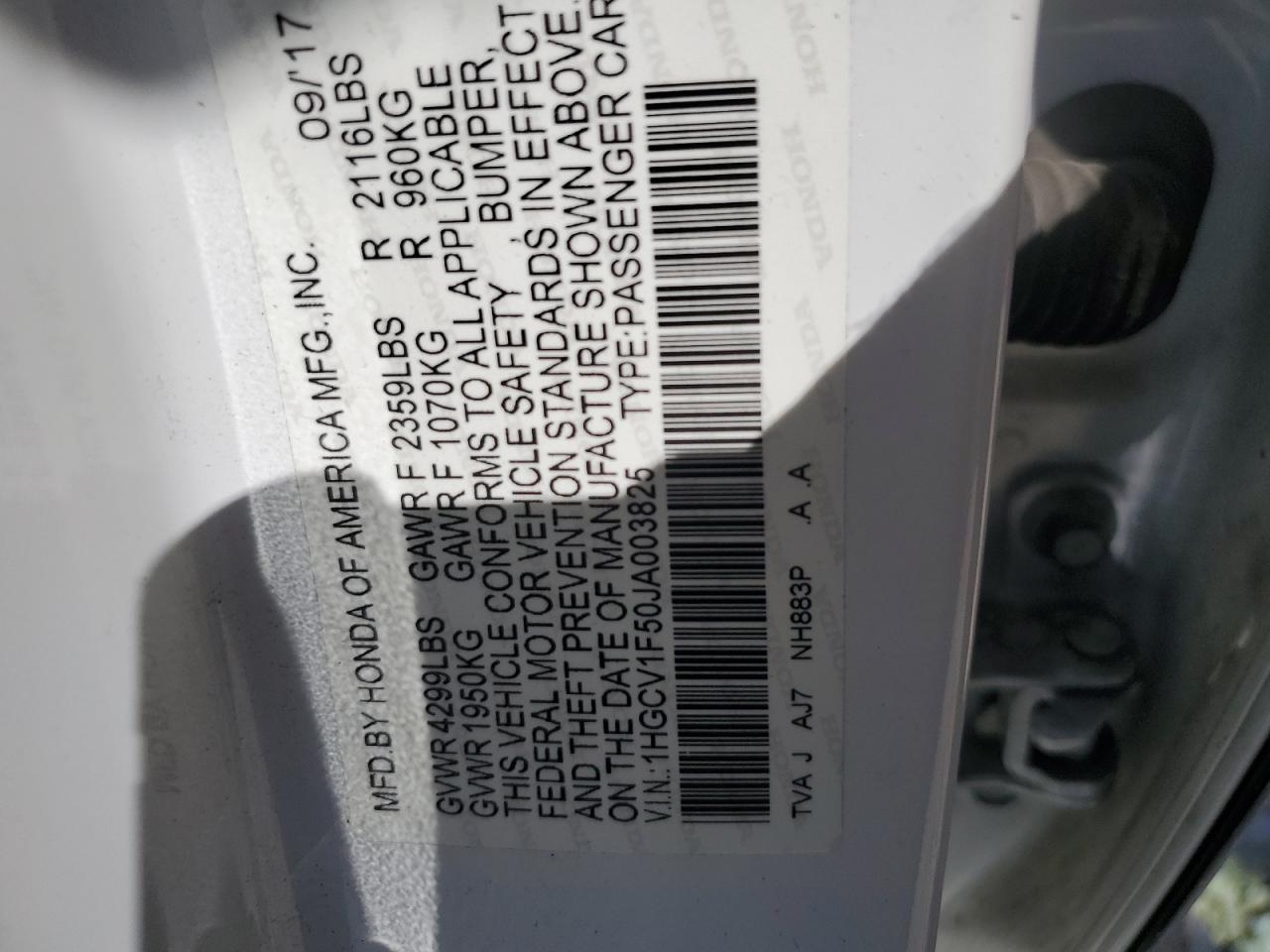 1HGCV1F50JA003825 2018 Honda Accord Exl