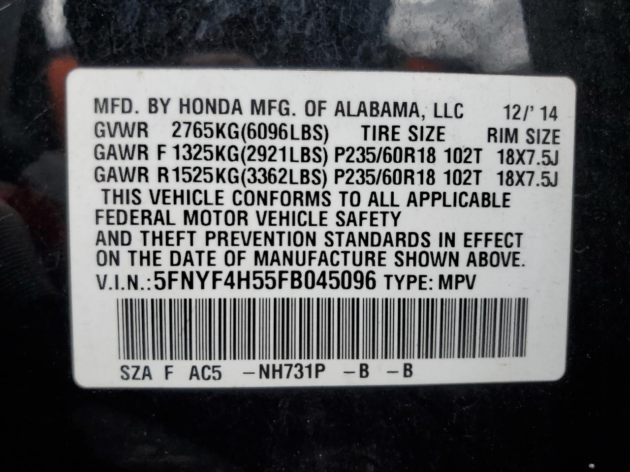 5FNYF4H55FB045096 2015 Honda Pilot Exl