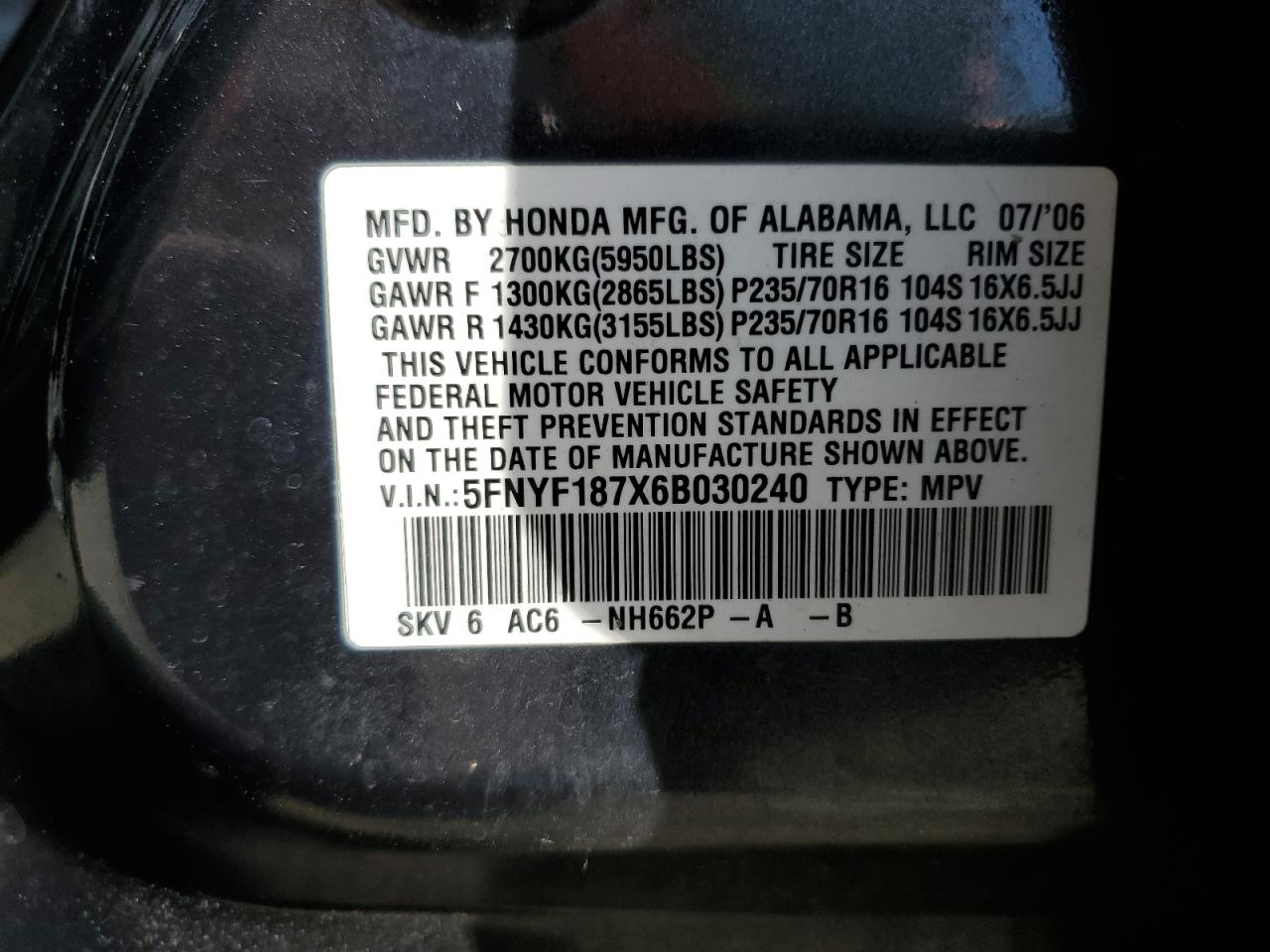 5FNYF187X6B030240 2006 Honda Pilot Ex