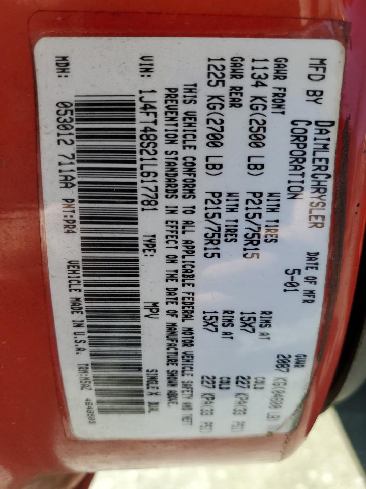 1J4FT48S21L617781 2001 Jeep Cherokee Sport